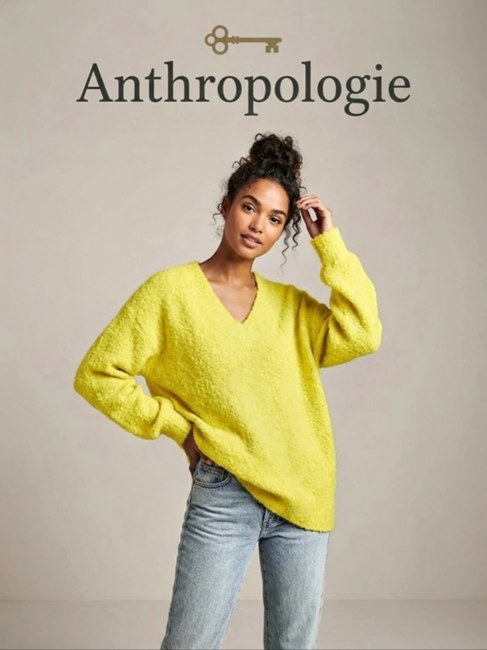 Anthropologie Pilcro V-Neck Boucle Sweater in Yellow Size Small Like New